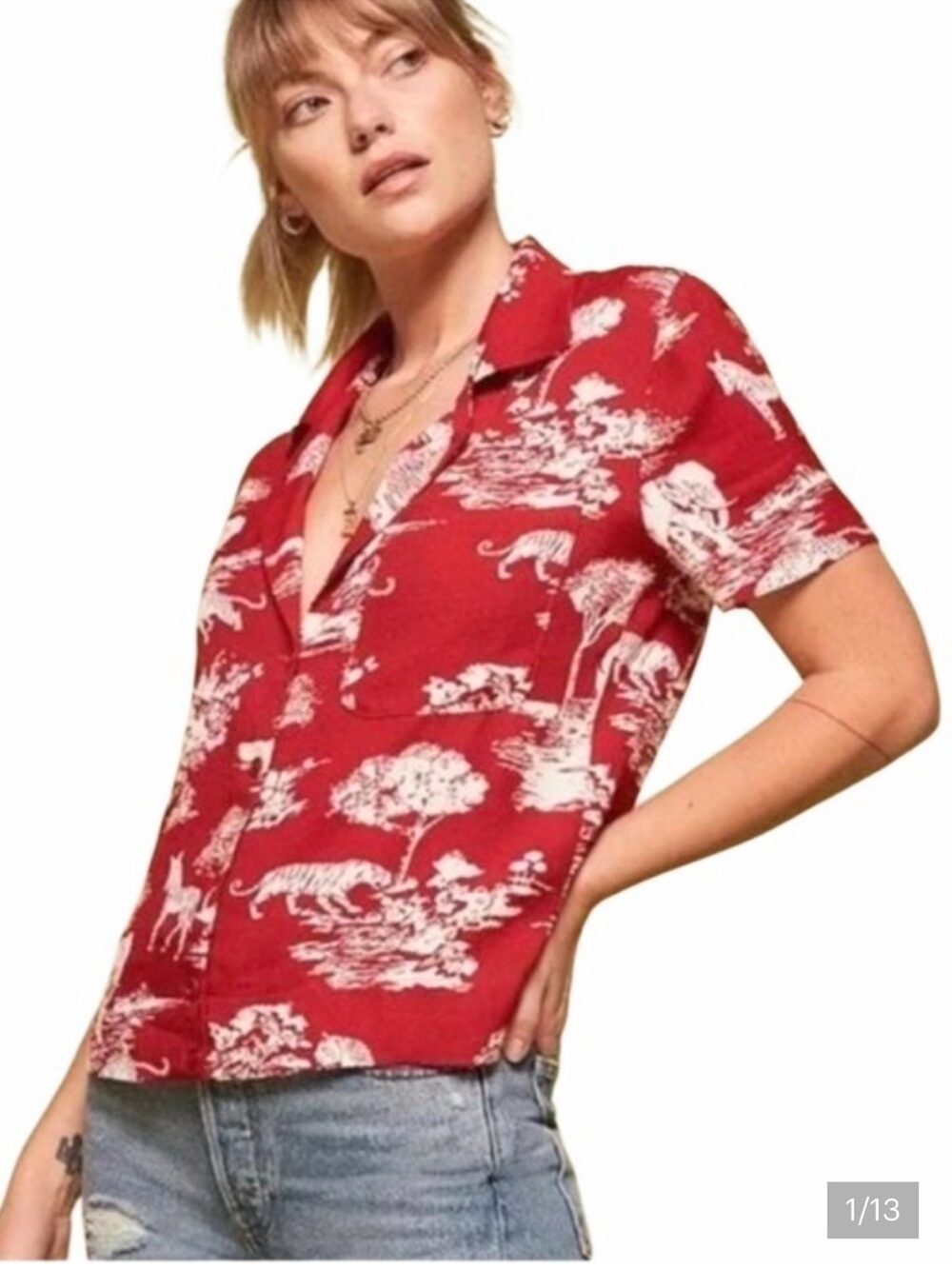 Reformation Red Cuba Top, Animal Print Short Sleeve Button-Up, Nairobi Print, S